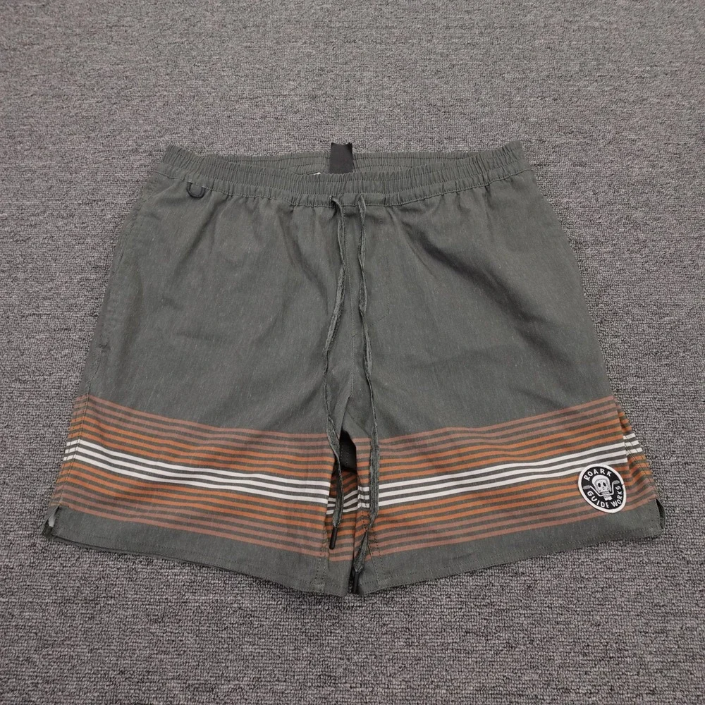 Roark Shorts Mens Medium Green Striped Swim Trunks Guide Works Skull Surf